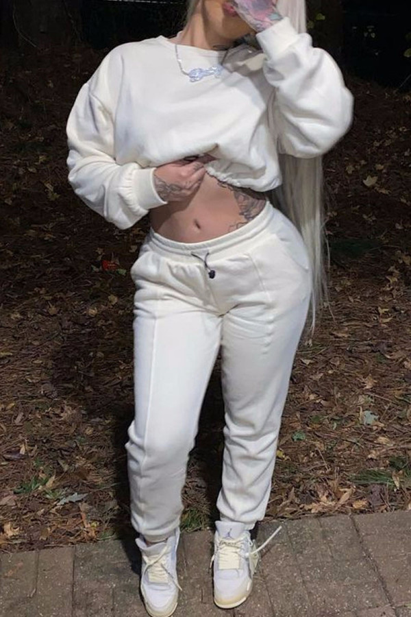 White Sportswear Solid Patchwork O Neck Long Sleeve Two Pieces