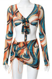Red Fashion Sexy Print Bandage V Neck Long Sleeve Two Pieces