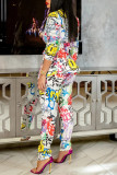 White Fashion Casual Print Patchwork Turndown Collar Long Sleeve Two Pieces