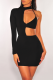 Black Sexy Solid Hollowed Out Half A Turtleneck Pencil Skirt Dresses
