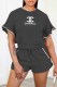 Black Fashion Casual Print Letter O Neck Short Sleeve Two Pieces