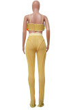 Yellow Sexy Solid Patchwork See-through Feathers Spaghetti Strap Sleeveless Two Pieces