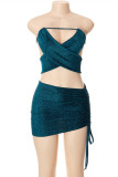 Blue Fashion Sexy Solid Bandage Hollowed Out Backless Strapless Sleeveless Two Pieces