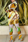Multicolor Sexy Print Bandage Patchwork Buckle Backless Asymmetrical Turndown Collar Long Sleeve Two Pieces