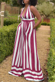 Red Sexy Casual Striped Print Bandage Backless Halter Regular Jumpsuits