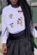 White Fashion Street Character Patchwork O Neck Tops