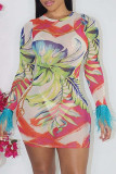Pink Fashion Sexy Print Tassel Patchwork O Neck Long Sleeve Dresses
