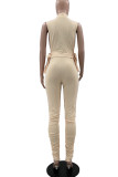 Cream White Sexy Solid Bandage Hollowed Out Patchwork Fold O Neck Sleeveless Two Pieces