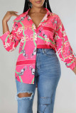 Red Fashion Casual Print Hollowed Out Backless Turndown Collar Tops