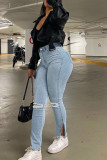 Baby Blue Casual Solid Ripped Patchwork Slit High Waist Denim Jeans