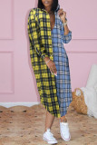Blue Yellow Casual Plaid Print Patchwork Buckle Turndown Collar Tops