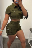 Army Green Fashion Casual Solid Patchwork Turndown Collar Short Sleeve Two Pieces