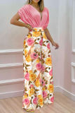 Pink Fashion Print Patchwork V Neck Short Sleeve Two Pieces