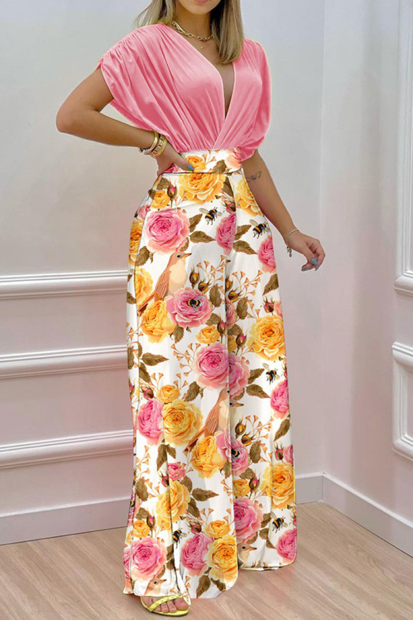 Pink Fashion Print Patchwork V Neck Short Sleeve Two Pieces