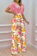 Pink Fashion Print Patchwork V Neck Short Sleeve Two Pieces