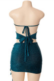 Blue Fashion Sexy Solid Bandage Hollowed Out Backless Strapless Sleeveless Two Pieces