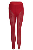 Red Sexy Solid Patchwork See-through Regular High Waist Pencil Solid Color Bottoms
