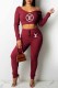 Burgundy Fashion Casual Print Letter V Neck Long Sleeve Two Pieces