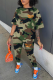 Army Green Casual Camouflage Print Patchwork O Neck Short Sleeve Two Pieces