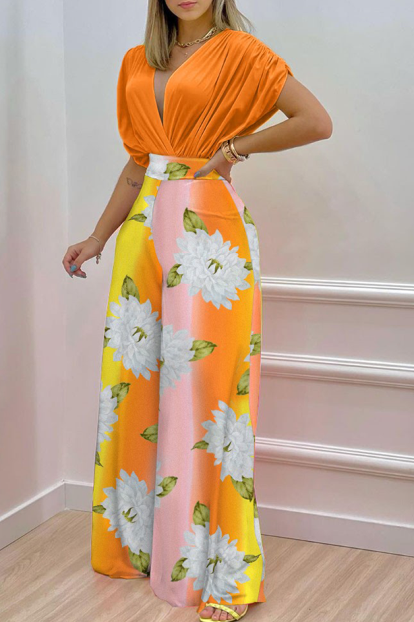 Orange Fashion Print Patchwork V Neck Short Sleeve Two Pieces