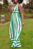 Red Sexy Casual Striped Print Bandage Backless Halter Regular Jumpsuits