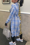 Blue Yellow Casual Plaid Print Patchwork Buckle Turndown Collar Tops