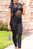 Black Fashion Sexy Solid Patchwork See-through O Neck Skinny Jumpsuits