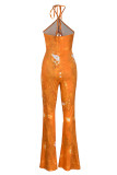 Ginger Fashion Sexy Print Bandage Hollowed Out Backless Halter Regular Jumpsuits