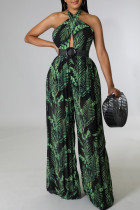 Green Fashion Sexy Print Bandage Hollowed Out Backless Halter Regular Jumpsuits (Without Belt)