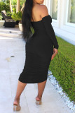 Pink Sexy Solid Patchwork Fold Asymmetrical Off the Shoulder Pencil Skirt Dresses