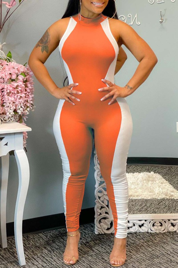 Orange Fashion Casual Patchwork Basic O Neck Regular Jumpsuits