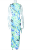 Blue Fashion Sexy Print Bandage Hollowed Out Slit O Neck Sleeveless Dress