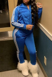 Blue Casual Solid O Neck Long Sleeve Two Pieces