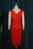 Red Fashion Sexy Solid Tassel Patchwork V Neck Sleeveless Dress