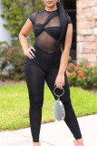 Black Fashion Sexy Solid Patchwork See-through O Neck Skinny Jumpsuits