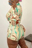 Multicolor Fashion Casual Print Patchwork Turndown Collar Long Sleeve Two Pieces