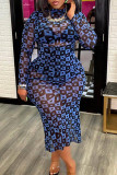 Blue Fashion Sexy Print See-through Slit Half A Turtleneck Long Sleeve Dresses