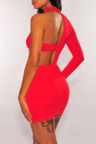 Red Sexy Solid Hollowed Out Half A Turtleneck Pencil Skirt Dresses