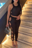 Coffee Sexy Casual Solid Hollowed Out Patchwork O Neck Sleeveless Two Pieces