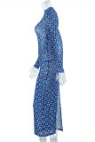 Blue Fashion Sexy Print See-through Slit Half A Turtleneck Long Sleeve Dresses
