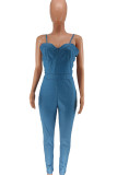 Blue Fashion Sexy Solid Hollowed Out Patchwork Backless Spaghetti Strap Sleeveless Skinny Denim Jumpsuits