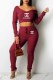 Burgundy Fashion Casual Print Letter V Neck Long Sleeve Two Pieces