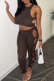 Coffee Sexy Casual Solid Hollowed Out Patchwork O Neck Sleeveless Two Pieces