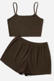 Coffee Sexy Sportswear Solid Patchwork Spaghetti Strap Sleeveless Two Pieces