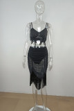 Green Fashion Sexy Solid Tassel Backless Fold Spaghetti Strap Sleeveless Two Pieces