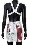 Multicolor Fashion Sexy Print Backless Asymmetrical Spaghetti Strap Sleeveless Two Pieces