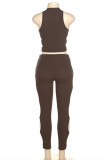 Coffee Sexy Casual Solid Hollowed Out Patchwork O Neck Sleeveless Two Pieces