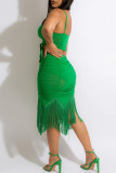 Green Fashion Sexy Solid Tassel Backless Fold Spaghetti Strap Sleeveless Two Pieces