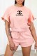 Pink Fashion Casual Print Letter O Neck Short Sleeve Two Pieces