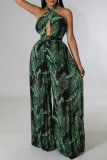 Green Fashion Sexy Print Bandage Hollowed Out Backless Halter Regular Jumpsuits (Without Belt)